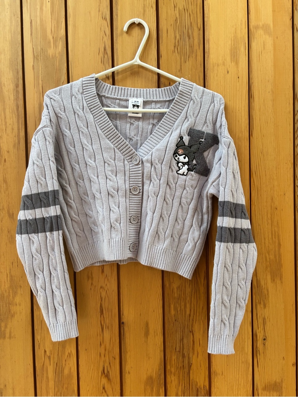 Kuromi Sanrio Grey Cable Knit Cropped Cardigan Sweater XS